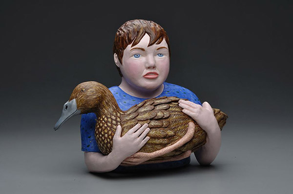 BLUE HILL BOY  low-fire white clay, glaze, oil paint, 12.5 x 13.5 x 12”  2011
